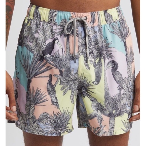 New SAXX Oh Buoy 2N1 Volley 5" Shorts Mens Swim Drop Temp Liner Tropical Birds - Picture 2 of 10